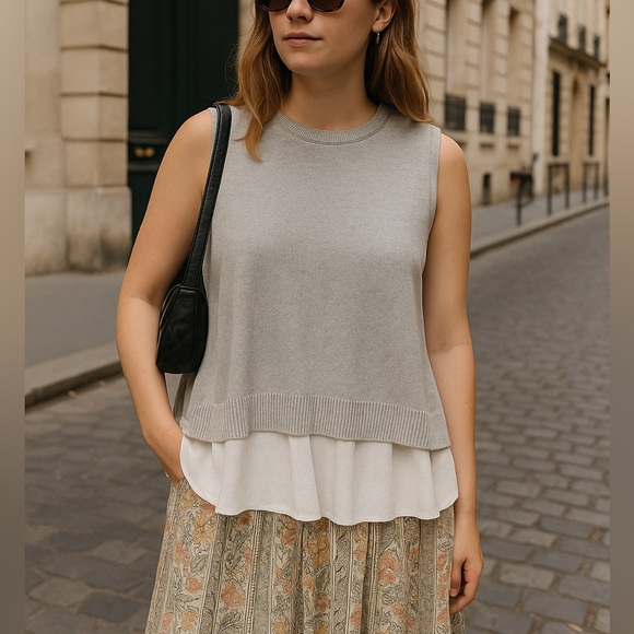 loft layered knit chiffon sweater vest - Picture 1 of 9